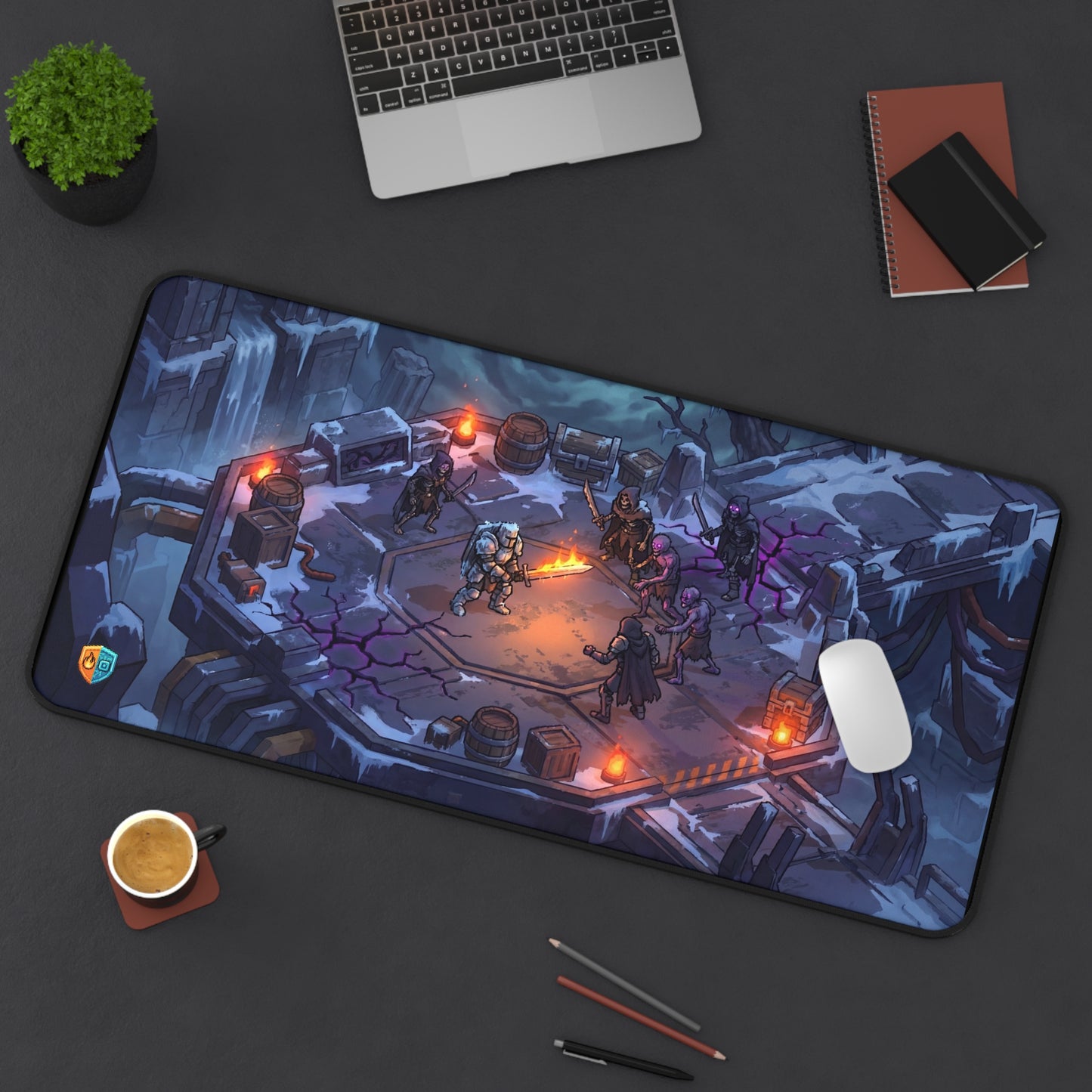 Frostbound Siege Desk Mat — Knight vs Undead Rune Ice Gaming Pad