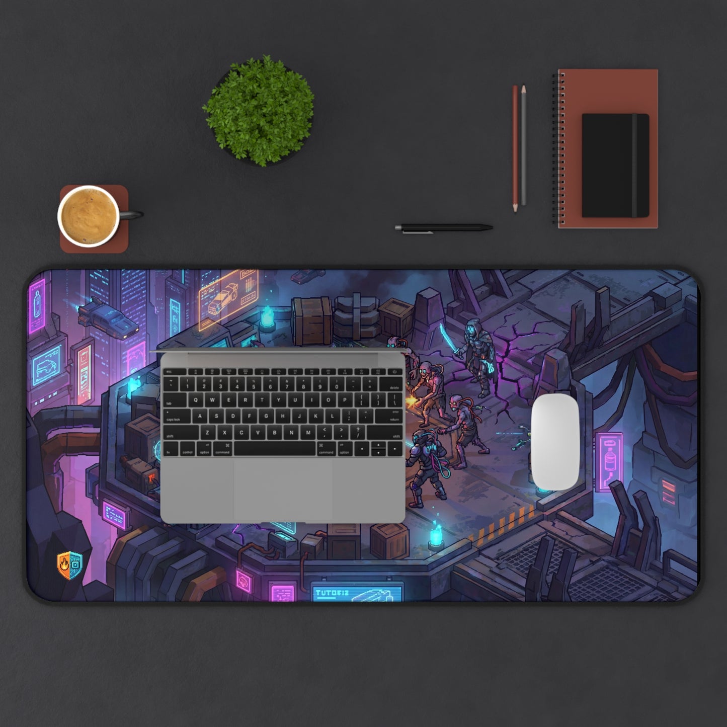 Cyberpunk Battle Desk Mat — Neon Synthwave Heavy-Tech Marine vs Cyborg Hunters