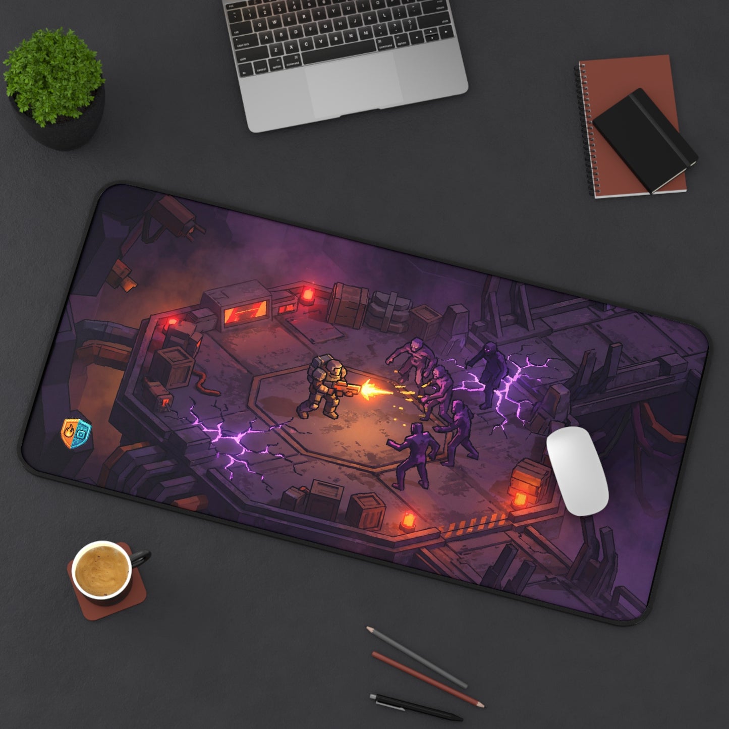 Neon Battlefield Gaming Desk Mat — 'Drop into the firefight' Space Marine Extended Gaming Mat