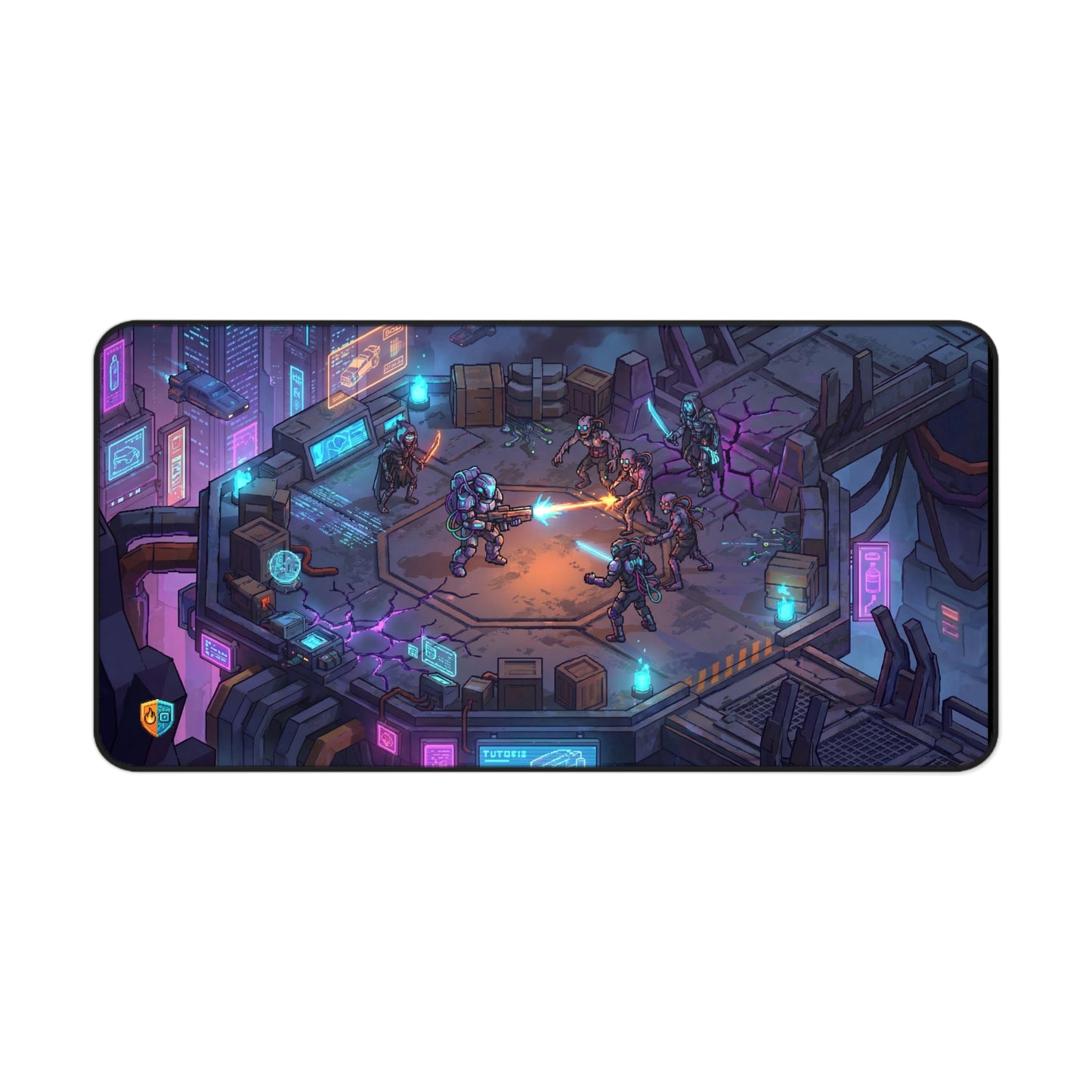 Cyberpunk Battle Desk Mat — Neon Synthwave Heavy-Tech Marine vs Cyborg Hunters