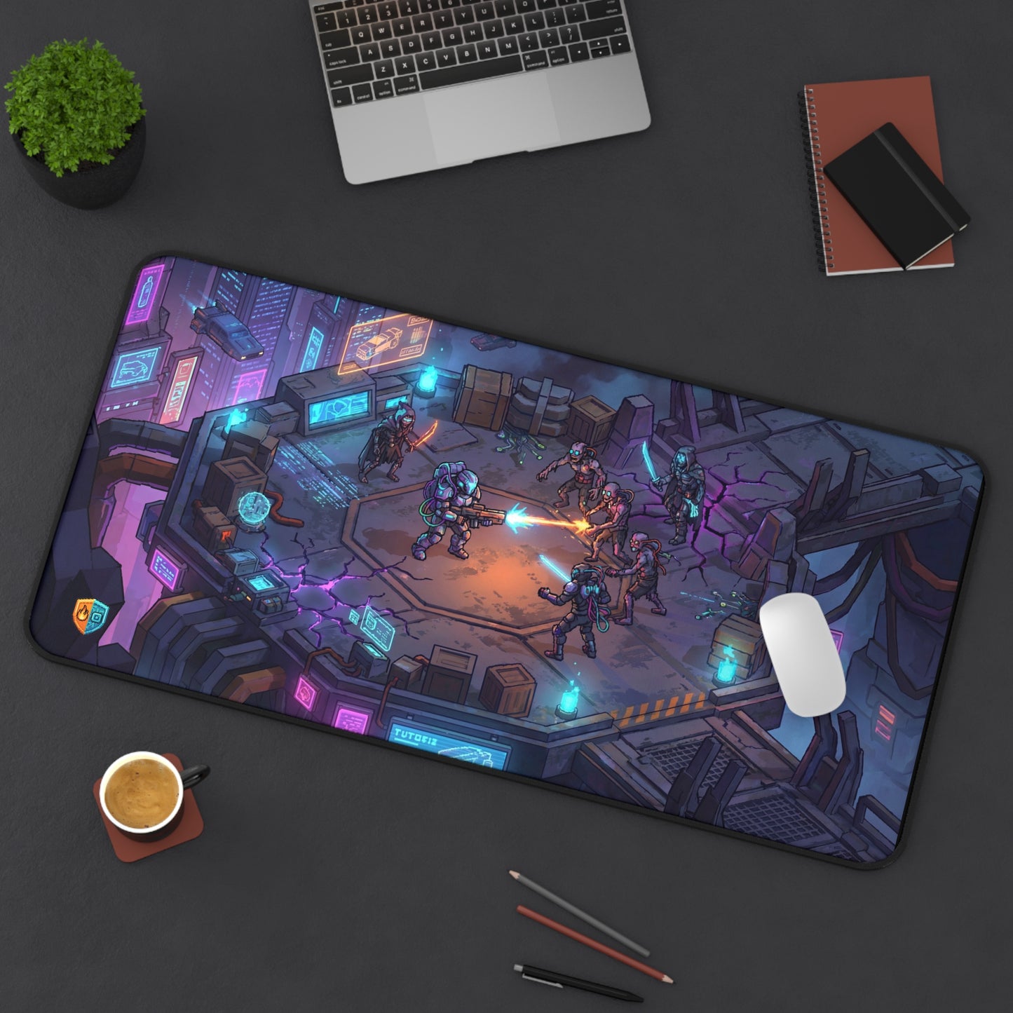 Cyberpunk Battle Desk Mat — Neon Synthwave Heavy-Tech Marine vs Cyborg Hunters